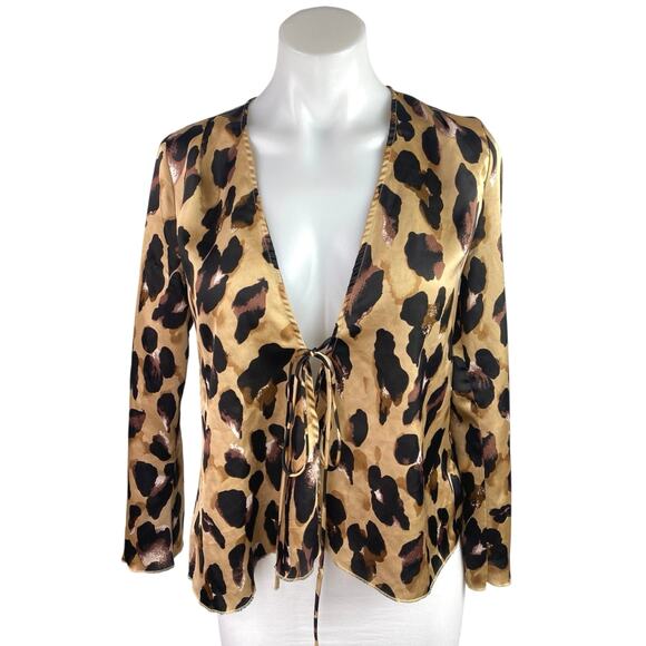 Never Fully Dressed Brown Black Satin Cheetah Print Long Sleeve Tie Blouse Top M - Picture 1 of 4